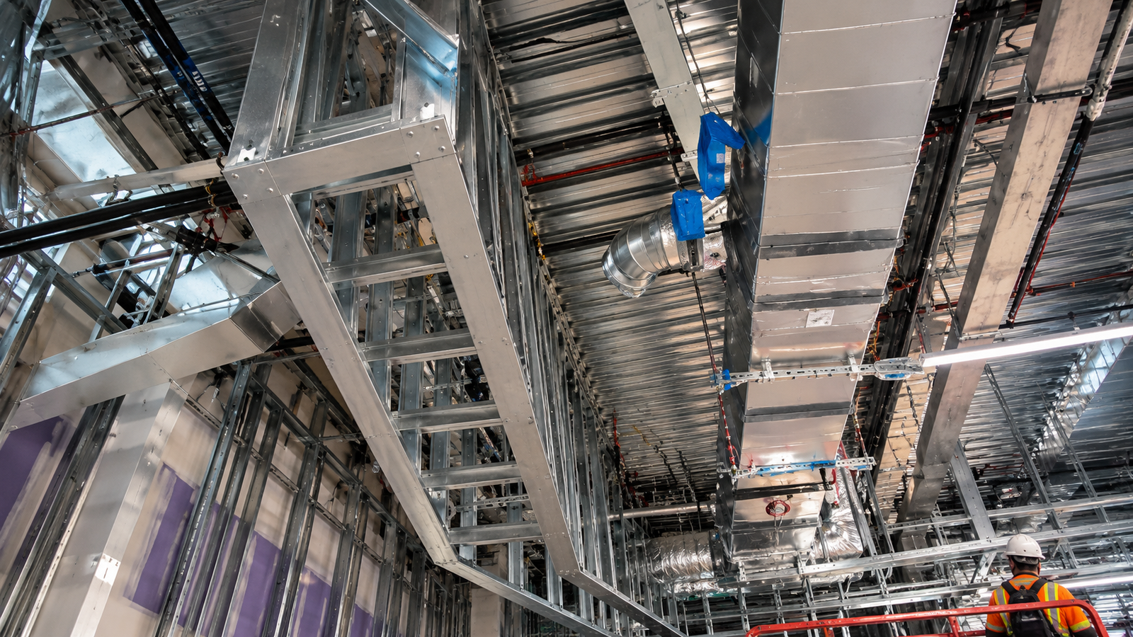 Commercial construction ceiling structure, metal framing and overhead ductwork