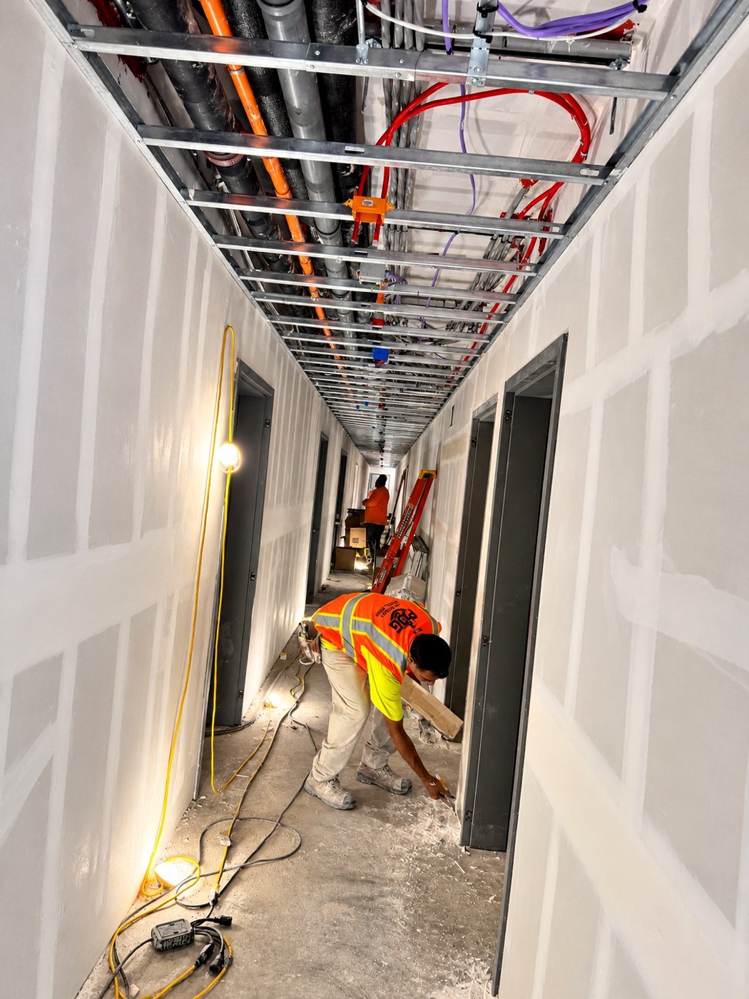 Drywall finishing work in a commercial construction corridor