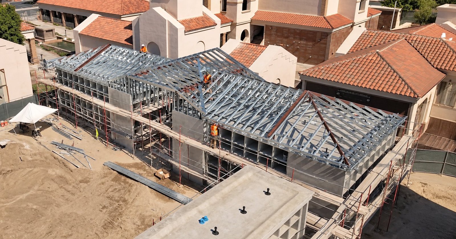 Aerial view of metal framing installation on a construction project